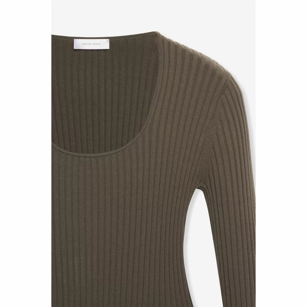 Anine Bing Felicity Ribbed Knit Bodysuit in Olive - Picture 7 of 14